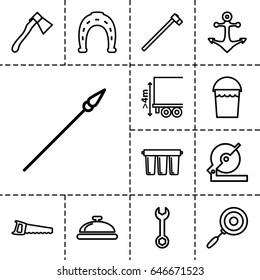 Steel icon. set of 13 outline steelicons such as dish, horseshoe, bucket, wrench, circular saw, axe, garden hammer, saw, cargo height, pan, filter, anchor
