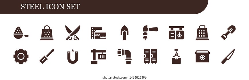 steel icon set. 18 filled steel icons.  Collection Of - Spoon, Grater, Saber, Trampoline, Shovel, Hammer, Gate, Gear, Screwdriver, Magnet, Crane, Pipes, Lockers, Fridge, Knife