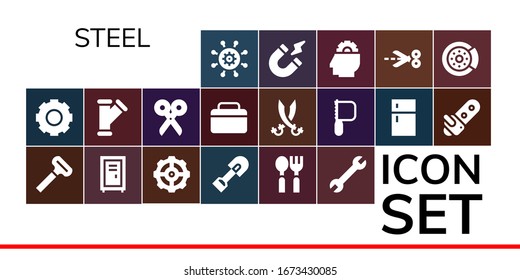 steel icon set. 19 filled steel icons.  Simple modern icons such as: Settings, Gear, Razor, Locker, Shovel, Spoon, Wrench, Pipe, Scissors, Fridge, Sabers, Saw, Chainsaw, Magnetism