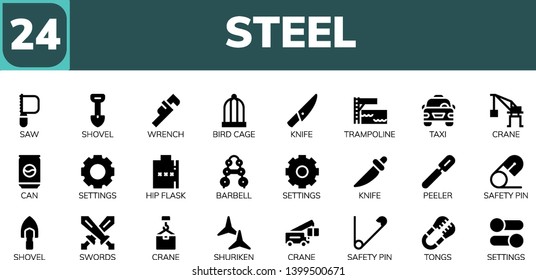 steel icon set. 24 filled steel icons.  Simple modern icons about  - Saw, Shovel, Wrench, Bird cage, Knife, Trampoline, Taxi, Crane, Can, Settings, Hip flask, Barbell, Peeler
