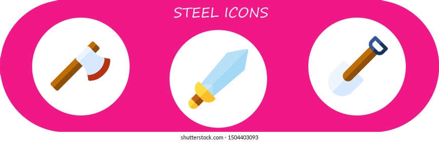 steel icon set. 3 flat steel icons.  Collection Of - ax, sword, shovel