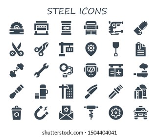 steel icon set. 30 filled steel icons.  Simple modern icons about  - Saw, Guillotine, Canned food, Grill, Revolver, Chainsaw, Scissors, Crane, Settings, Shovel, Paperclip, Barbell
