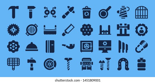 steel icon set. 32 filled steel icons. on blue background style Collection Of - Hammer, Gear, Grill, Dinner, Magnet, Saw, Refrigerator, Brake disc, Pipe, Screw, Container, Revolver