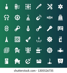 Steel Icon Set. Collection Of 36 Filled Steel Icons Included Container, Bottle Opener, Saw, Anchor, Refrigerator, Pipe, Setting, Frying Pan, Electric Tower, Grate, Clamp, Settings