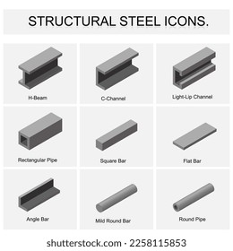 Steel icon set, In metal industry, steel products, Vector illustration.