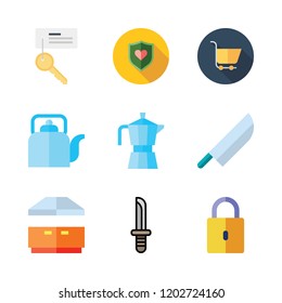 steel icon set. vector set about shield, kettle, knife and extractor hood icons set.