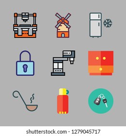 steel icon set. vector set about industrial robot, mill, thermos and cabinet icons set.