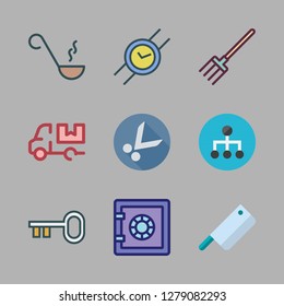 steel icon set. vector set about cleaver, pitchfork, gear and wristwatch icons set.