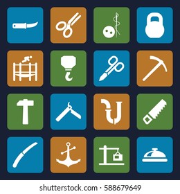 steel icons set. Set of 16 steel filled icons such as dish, bllade razor, manicure scissors, needle button, saw, pipe, hook, gardening knife, barbell, anchor, scissors