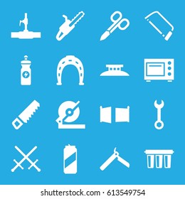Steel icons set. set of 16 steel filled icons such as bllade razor, manicure scissors, Horseshoe, saw, wrench, circular saw, hacksaw, energy drink, chain saw, water pipe