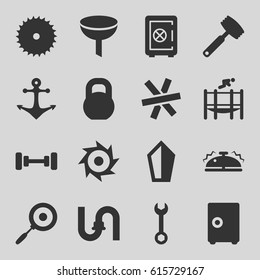 Steel icons set. set of 16 steel filled icons such as barbell, Safe, pipe, blade saw, wrench, trampoline, bell, knife, pan, anchor, saw, wire fence, sword, filter