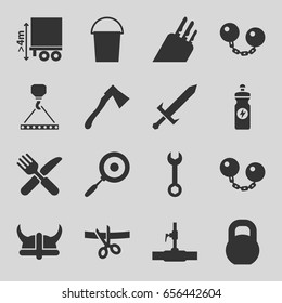 Steel icons set. set of 16 steel filled icons such as bucket, wrench, hook with cargo, energy drink, fork and knife, axe, water pipe, barbell, cargo height, knife, pan, sword