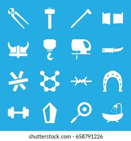 Steel icons set. set of 16 steel filled icons such as shower, horseshoe, hook, electric saw, pliers, gardening knife, garden hammer, barbell, pan, gate, helmet, wire fence