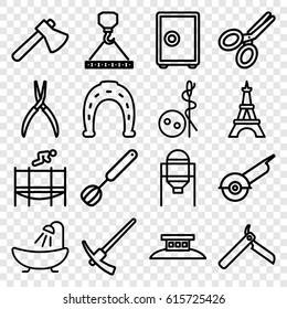 Steel icons set. set of 16 steel outline icons such as tank, Eiffel Tower, bllade razor, needle button, shower, Horseshoe, axe, hook with cargo, pliers, electric saw, scissors