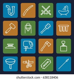 Steel icons set. set of 16 steel outline icons such as tank, razor, shower, pipe, hook with cargo, electric saw, axe, gardening knife, knife, filter, mace, spear, wire fence