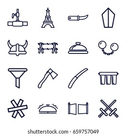 Steel icons set. set of 16 steel outline icons such as dish, eiffel tower, gardening knife, axe, water pipe, bell, filter, gate, helmet, ball chain, wire fence