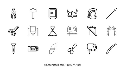 Steel icons. set of 18 editable outline steel icons: manicure scissors, safe, screw, nippers, vice clamp, hook with cargo, electric saw, gardening knife, no oil, scissors