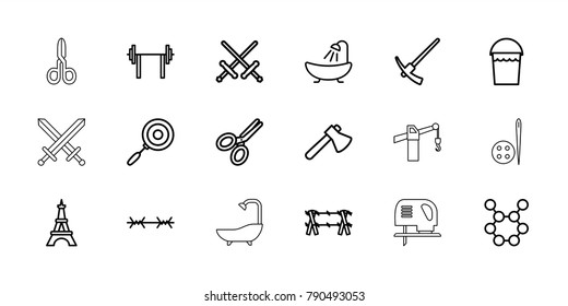 Steel icons. set of 18 editable outline steel icons: eiffel tower, shower, bucket, axe, sword, barbell, spring rotate, scissors, pan, hammer, wire fence, manicure scissors