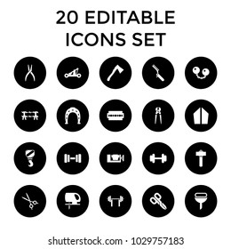 Steel icons. set of 20 editable filled steel icons such as horseshoe, vice clamp, electric saw, axe, barbell, medical scissors. best quality steel elements in trendy style.