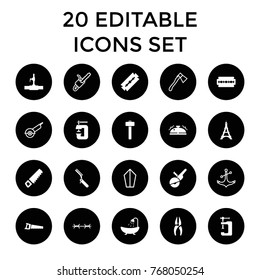 Steel icons. set of 20 editable filled and outline steel icons such as razor, shower, saw, nippers, vice clamp, garden hammer, water pipe, bell, electric saw, axe, chain saw