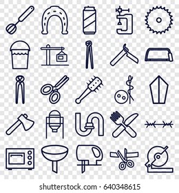 Steel icons set. set of 25 steel outline icons such as tank, bllade razor, needle button, horseshoe, pipe, bucket, blade saw, axe, circular saw, hacksaw, pliers, vice clamp