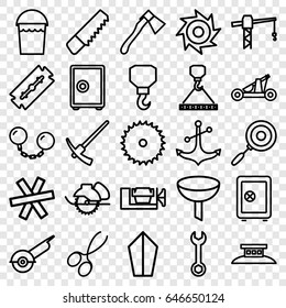 Steel icons set. set of 25 steel outline icons such as razor, manicure scissors, safe, bucket, saw, blade saw, wrench, construction crane, vice clamp, hook, hook with cargo