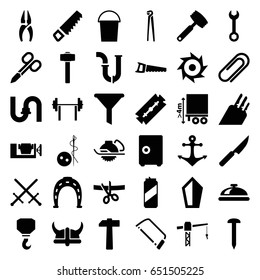 Steel icons set. set of 36 steel filled icons such as dish, razor, manicure scissors, needle button, horseshoe, pipe, bucket, saw, nail, wrench, construction crane, nippers