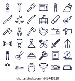 Steel icons set. set of 36 steel outline icons such as dish, manicure scissors, barbell, safe, saw, screw, construction crane, nippers, axe, circular saw, saw blade