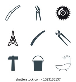 Steel icons. set of 9 editable filled and outline steel icons such as bucket, pliers, gardening knife, hammer, blade saw, eiffel tower