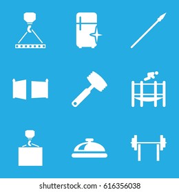 Steel icons set. set of 9 steel filled icons such as dish, clean fridge, hook with cargo, trampoline, knife, gate, spear