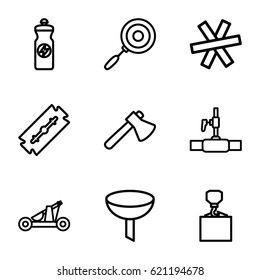 Steel icons set. set of 9 steel outline icons such as razor, axe, hook with cargo, energy drink, water pipe, pan, catapult, wire fence