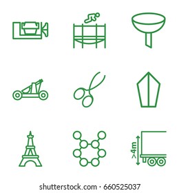 Steel icons set. set of 9 steel outline icons such as eiffel tower, manicure scissors, vice clamp, cargo height, trampoline, catapult, filter, spring rotate