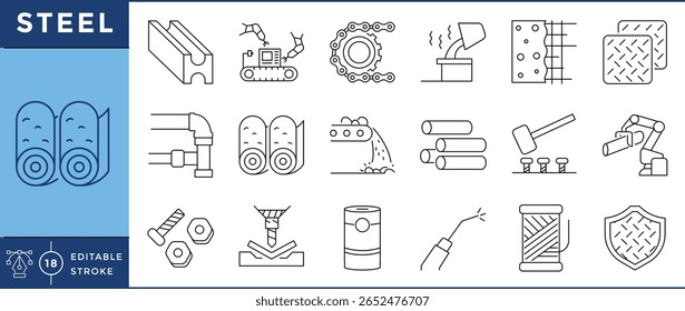 Steel icons set. Steel beam, pipe, sheet, bar, welding torch, hammer, texture, wire coil, crane, bolt, molten metal, and many more. Vector editable stroke.