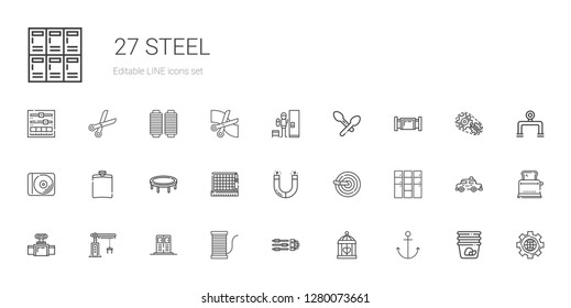 steel icons set. Collection of steel with anchor, cage, settings, thread, locker, crane, valve, knife, magnet, cutting, trampoline, hip flask. Editable and scalable steel icons.