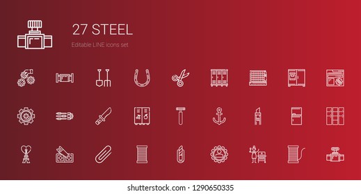 steel icons set. Collection of steel with grill, settings, cutter, thread, clip, saw, eiffel tower, anchor, razor, locker, knife, cutting, lockers. Editable and scalable steel icons.