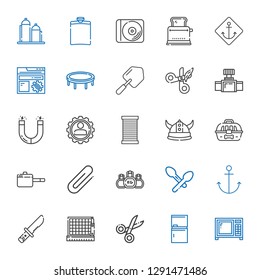 steel icons set. Collection of steel with microwave, fridge, scissors, cutting, knife, anchor, spoon, kettlebell, clip, pan, cage, viking, thread. Editable and scalable steel icons.