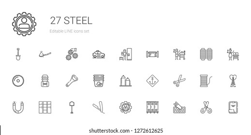 Steel Icons Set. Collection Of Steel With Saw, Lockers, Settings, Razor, Shovel, Locker, Magnet, Scissors, Anchor, Silo, Container, Bottle Opener. Editable And Scalable Steel Icons.