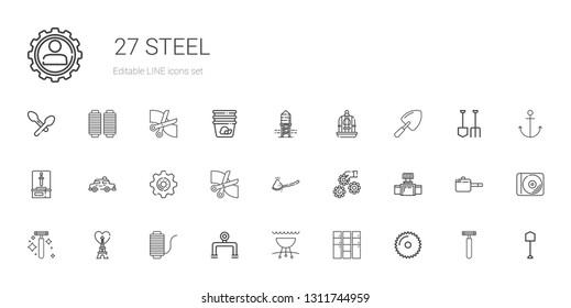 steel icons set. Collection of steel with saw, locker, grill, pipeline, thread, eiffel tower, razor, valve, settings, spoon, scissors, taxi. Editable and scalable steel icons.