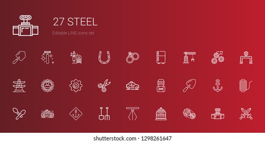 steel icons set. Collection of steel with setting, bird cage, hook, shovel, anchor, taxi, spoon, water tank, scissors, settings, electric tower. Editable and scalable steel icons.