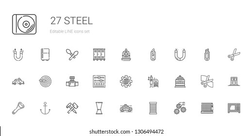 Steel Icons Set. Collection Of Steel With Settings, Thread, Taxi, Jigger, Hammer, Anchor, Bottle Opener, Bird Cage, Terracotta, Setting, Valve. Editable And Scalable Steel Icons.