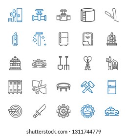 steel icons set. Collection of steel with taxi, settings, knife, fridge, hammer, trampoline, scissors, lockers, terracotta, eiffel tower, shovel. Editable and scalable steel icons.