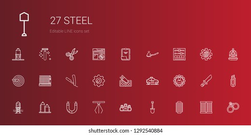 steel icons set. Collection of steel with thread, shovel, kettlebell, hook, magnet, silo, reservoir, settings, taxi, saw, razor, cutting, knife. Editable and scalable steel icons.