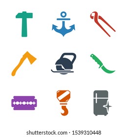 steel icons. Trendy 9 steel icons. Contain icons such as clean fridge, hook, razor, gardening knife, electric saw, axe, pliers, anchor, hammer. steel icon for web and mobile.