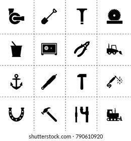 Steel icons. vector collection filled steel icons. includes symbols such as horseshoe, bucket, water pump, suspension, screw, safe. use for web, mobile and ui design.
