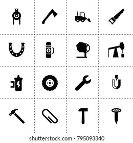 Steel icons. vector collection filled steel icons. includes symbols such as horseshoe, wrench, construction crane, paper clip, tire. use for web, mobile and ui design.