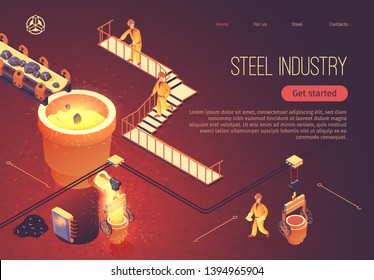 Steel Industry Banner for Factory Workshop. Vector Isometric Illustration Metallurgy Process. Stones Move along Conveyor into Tub with Molten Cast Iron. Smelting Metal at Foundry. Employees Work