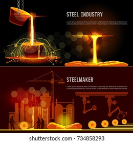 Steel Industry Banner. Hot Steel Pouring In Steel Plant. Smelting Of Metal In Big Foundry. Iron And Factory Workshop. Steel Worker. Metallurgy Process 