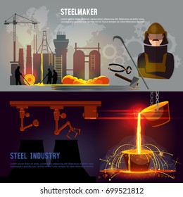 Steel industry banner, iron and factory workshop. Steel worker. Metallurgy process. Hot steel pouring in steel plant. Smelting of metal in big foundry 