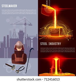 Steel industry banner. Metallurgy process. Hot steel pouring in steel plant. Smelting of metal in big foundry. Iron and factory workshop. Steel worker 