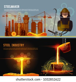 Steel industry banner. Smelting of metal in big foundry. Iron and factory workshop. Steel worker. Metallurgy process. Hot steel pouring in steel plant 